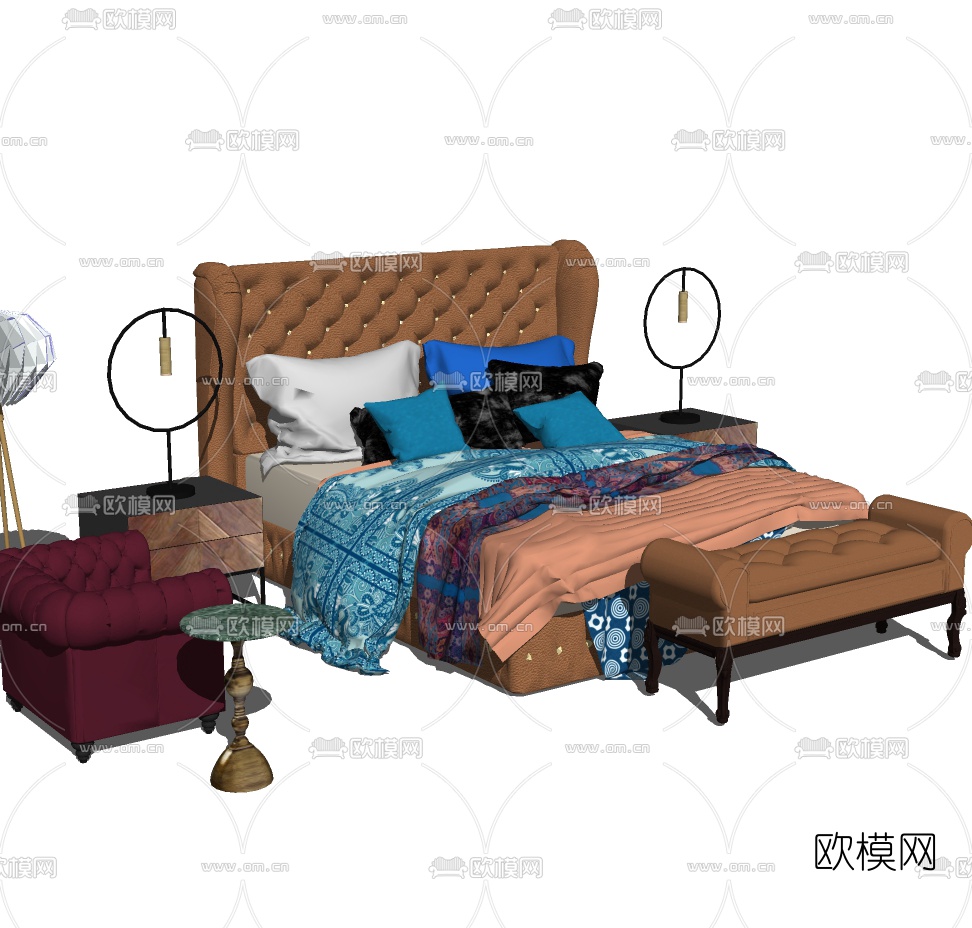 欧式皮革双人床su模型下载（渲染图3）