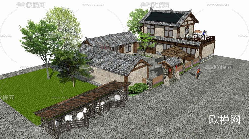 中式农家乐住宅su模型下载（渲染图2）