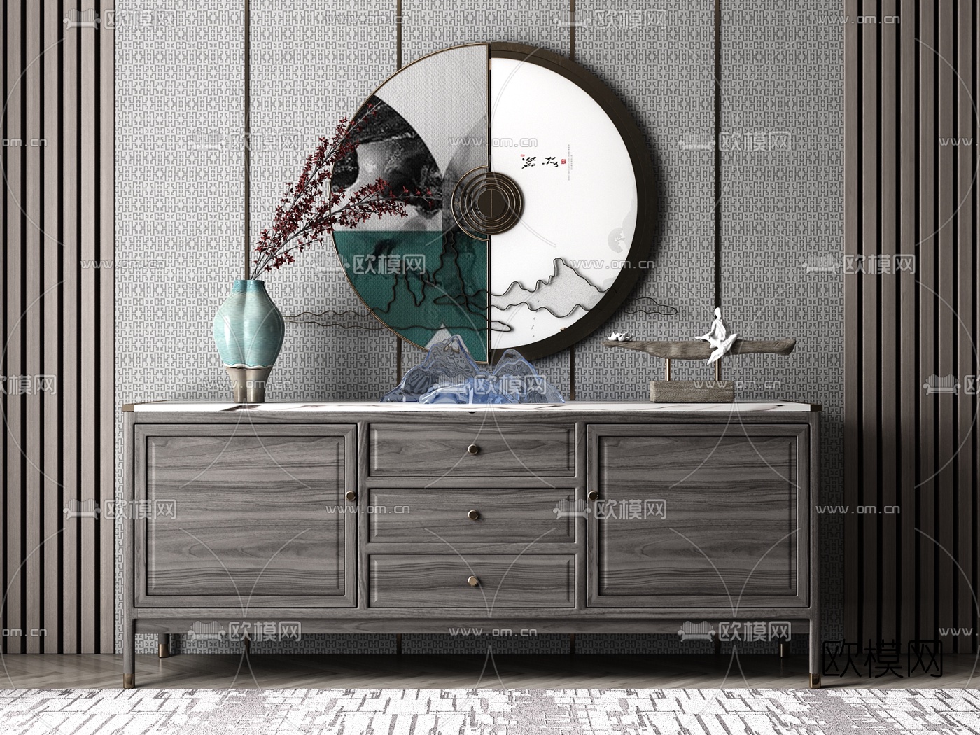 新中式轻奢端景柜su模型下载（渲染图1）