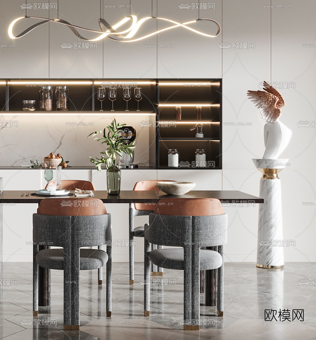 现代中岛台餐桌椅3d模型下载（渲染图3）