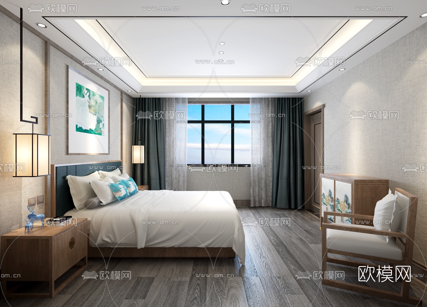 新中式酒店客房单人间3D模型-免费3dmax模型库-欧模网
