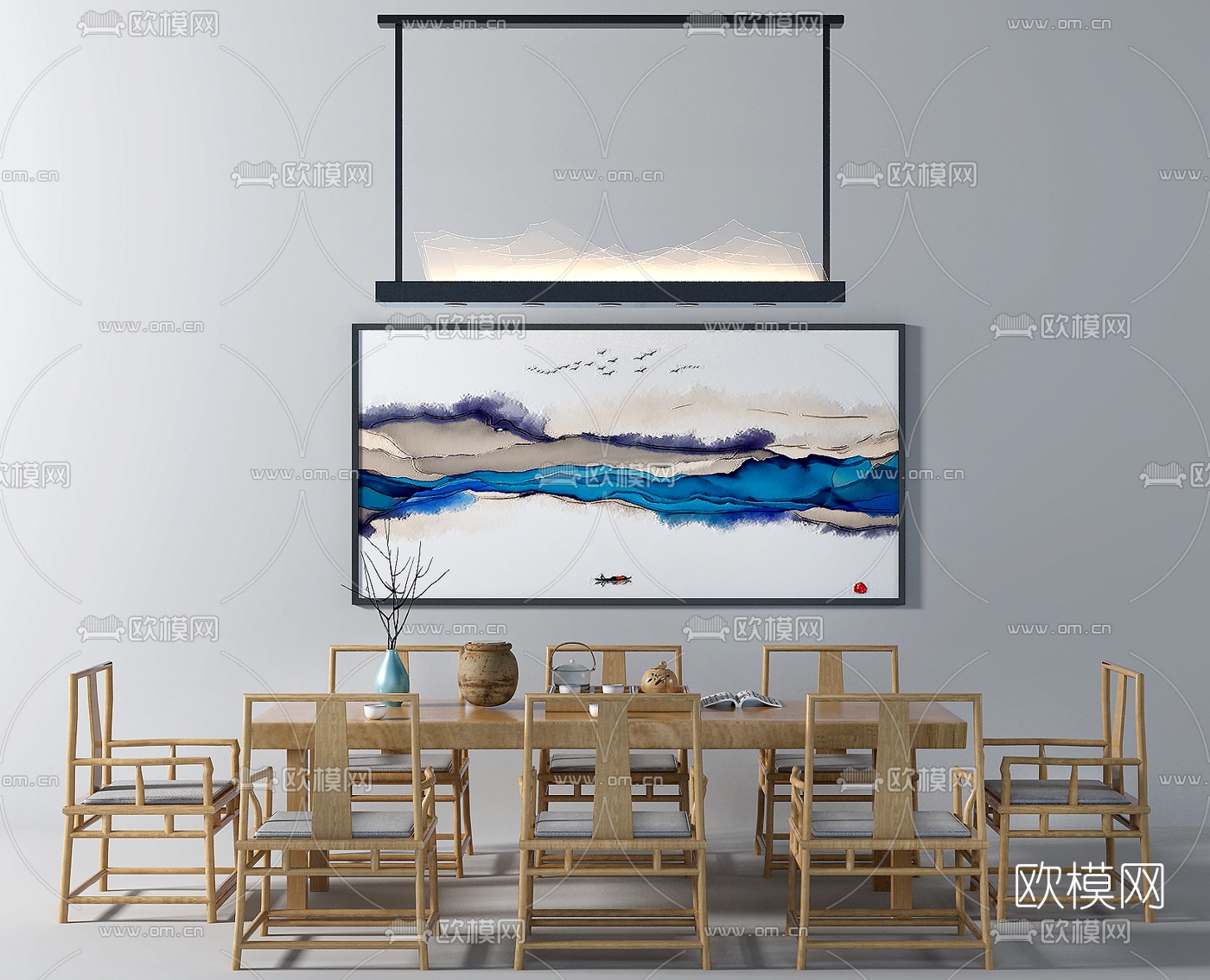 新中式原木泡茶桌椅吊灯组合3D模型