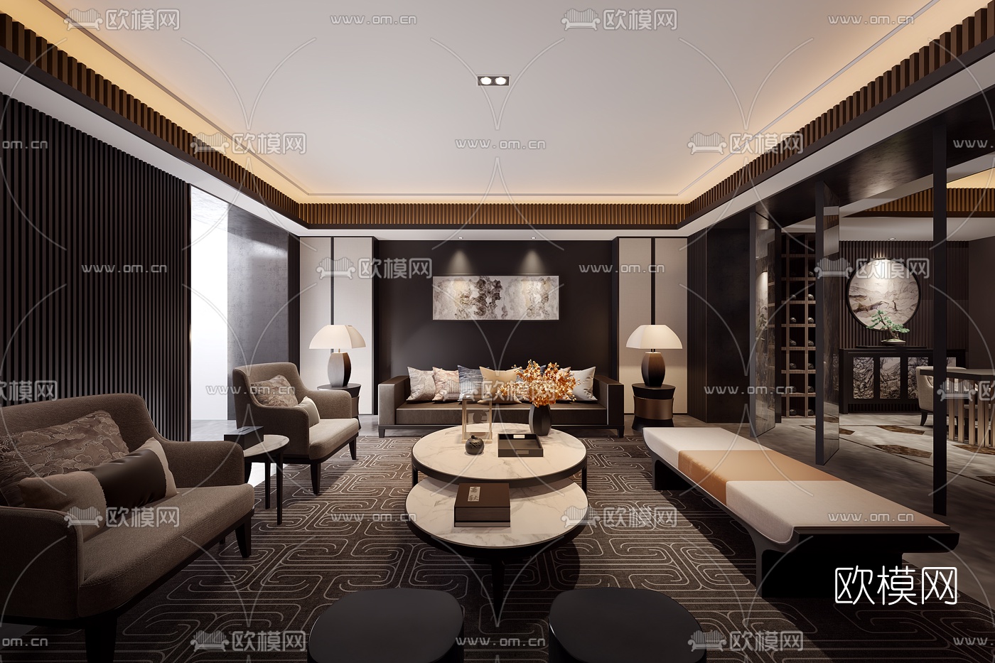 矩阵纵横 新中式客厅3D模型下载（渲染图1）