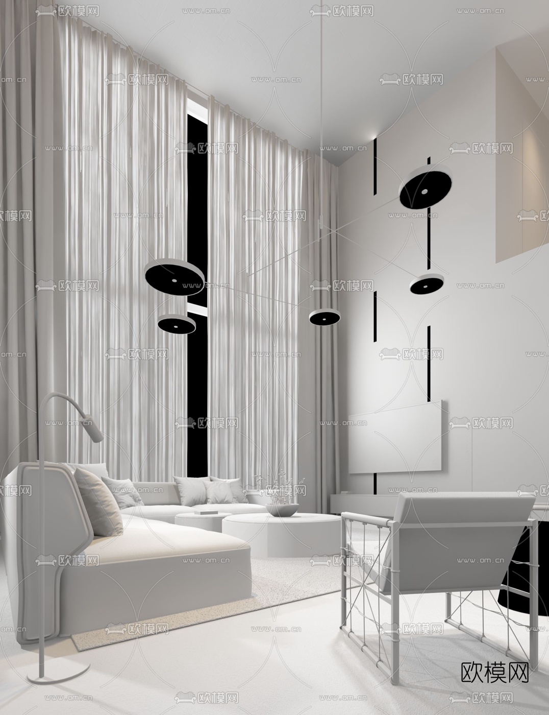 现代别墅客厅3D模型下载（渲染图2）