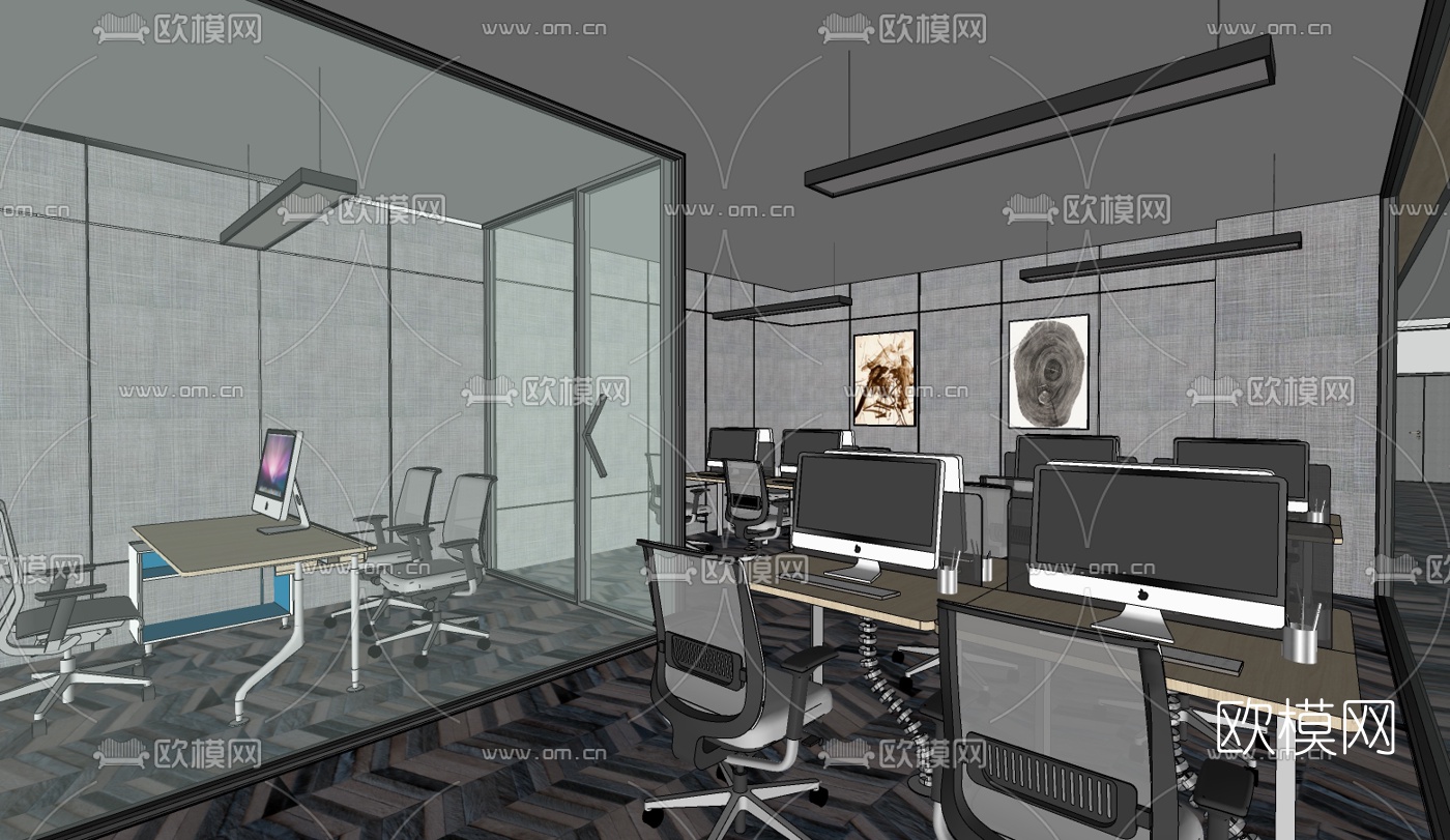 现代办公室综合办公区su模型下载（渲染图4）