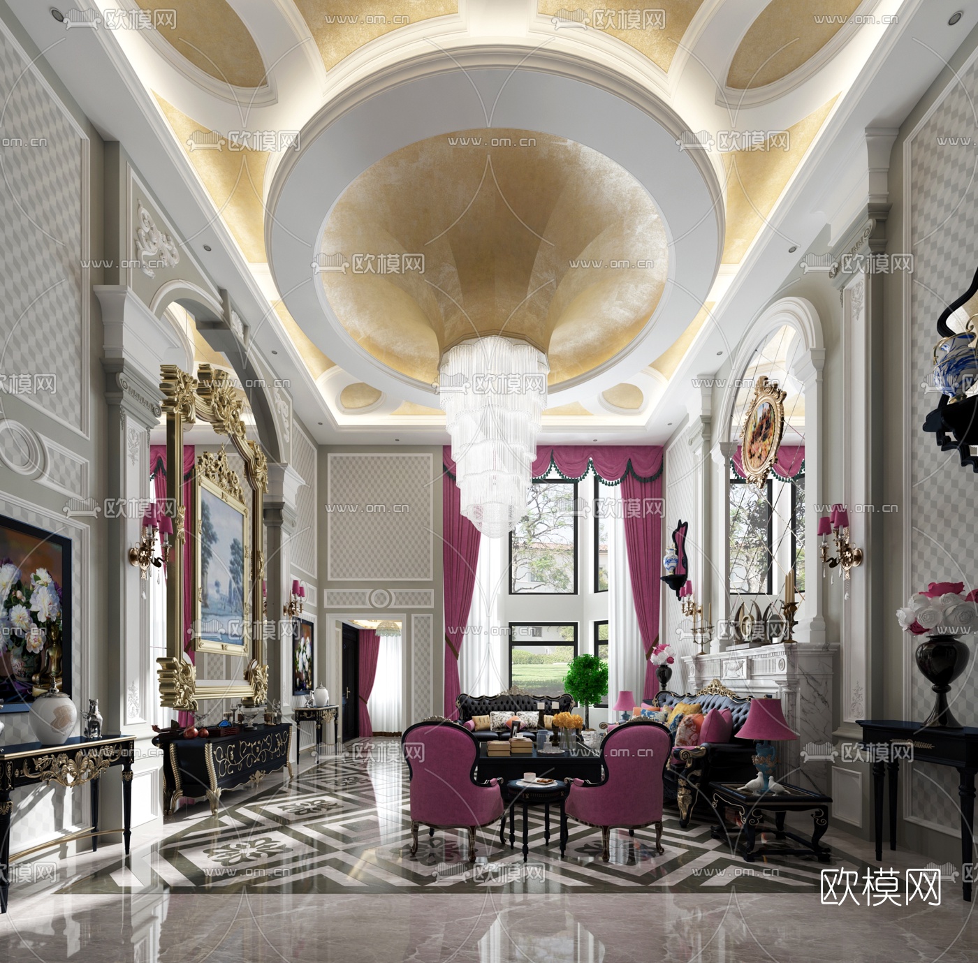 欧式别墅客厅3d模型下载（渲染图1）