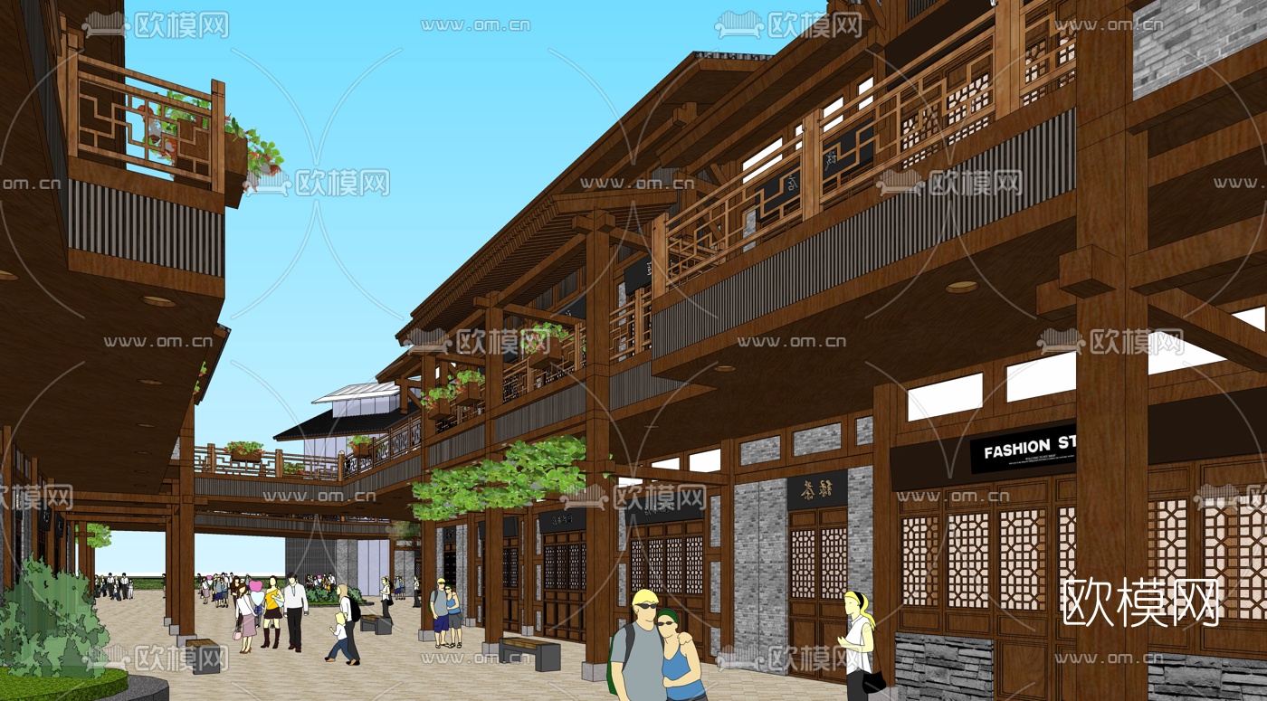 中式商业街规划su模型下载（渲染图10）