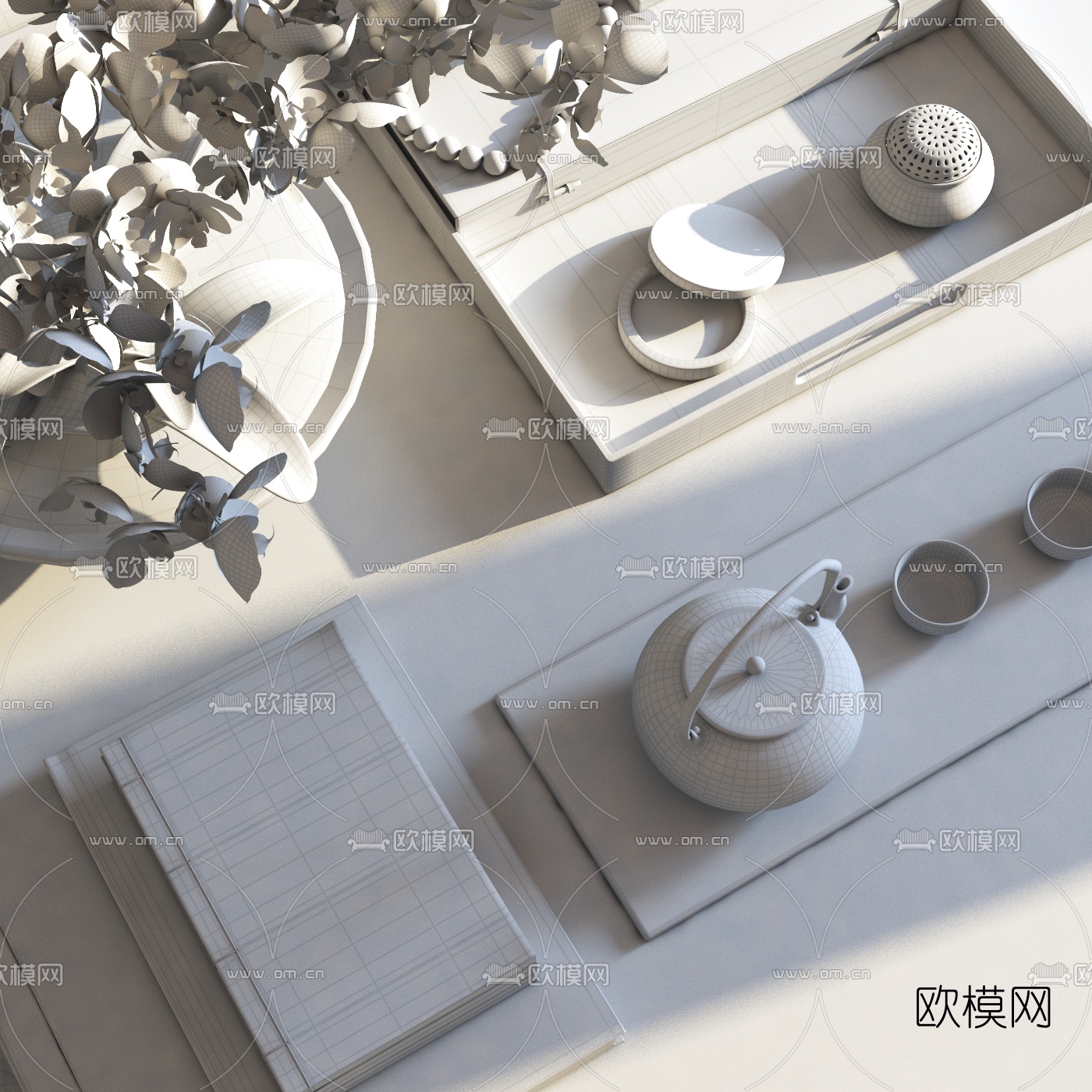 新中式茶几茶具盆栽组合3d模型下载（渲染图3）