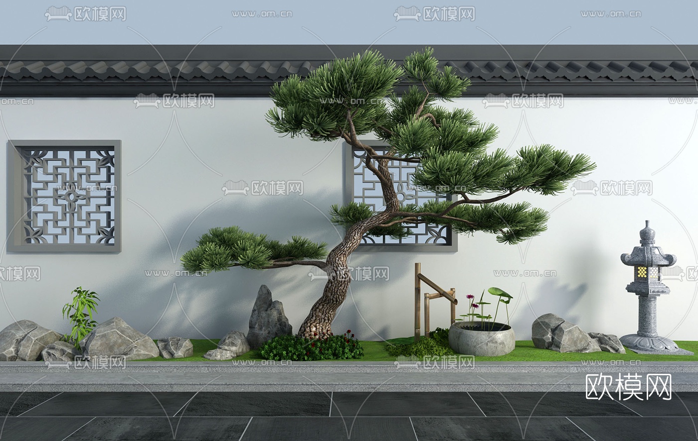 新中式绿植假山景观小品3d模型
