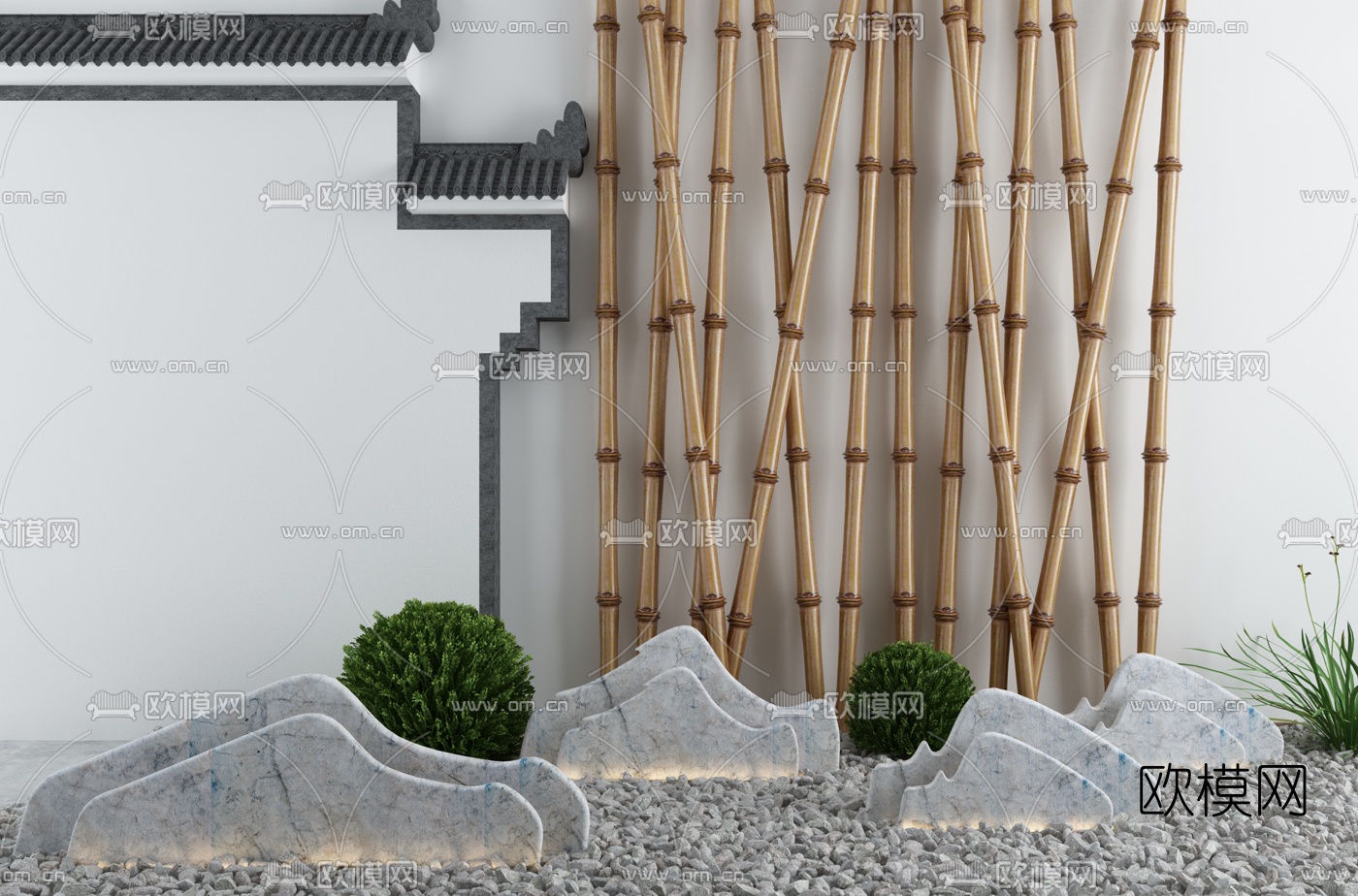 中式庭院假山竹子园艺小品3d模型下载