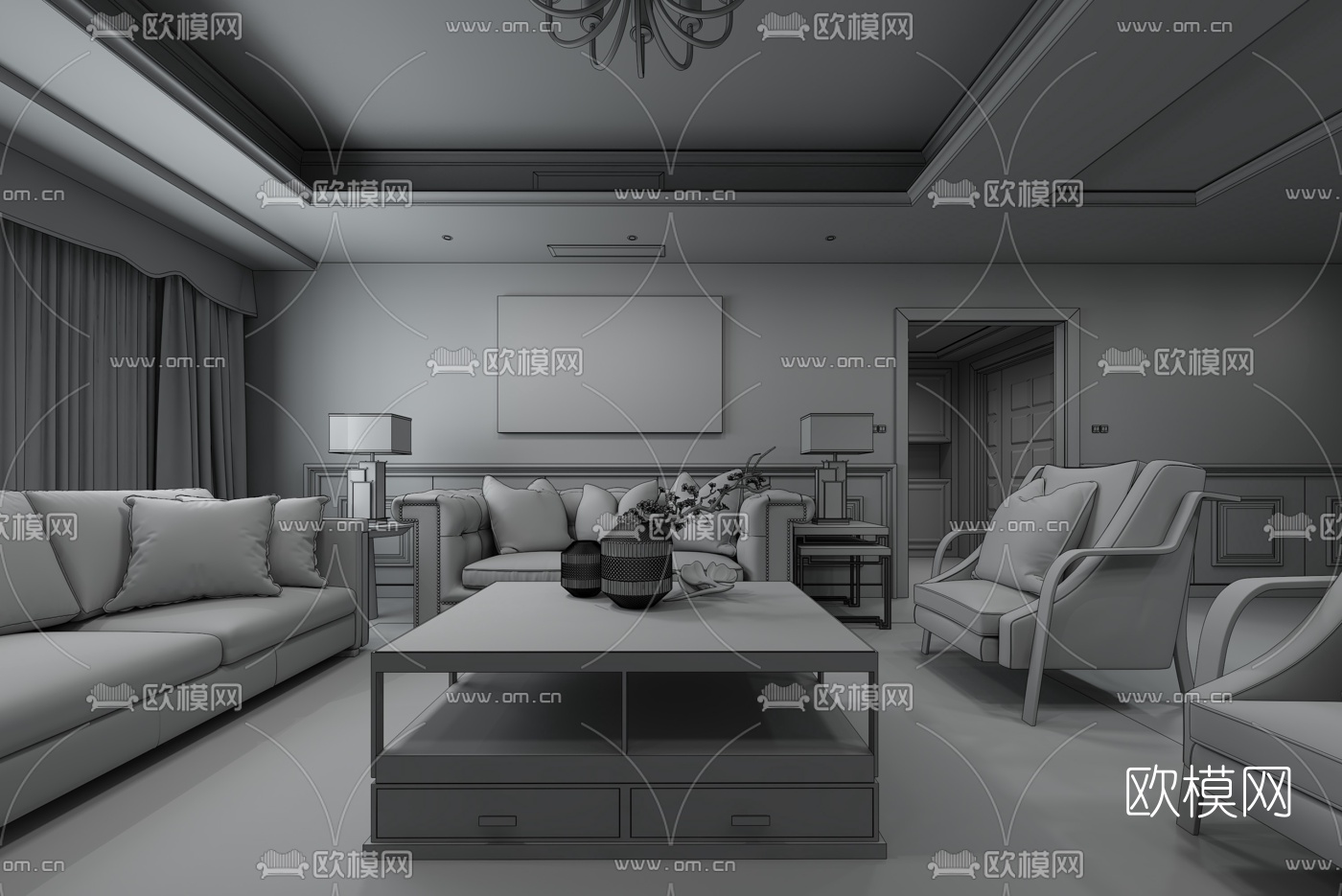 以勒设计新中式客厅3D模型下载（渲染图2）