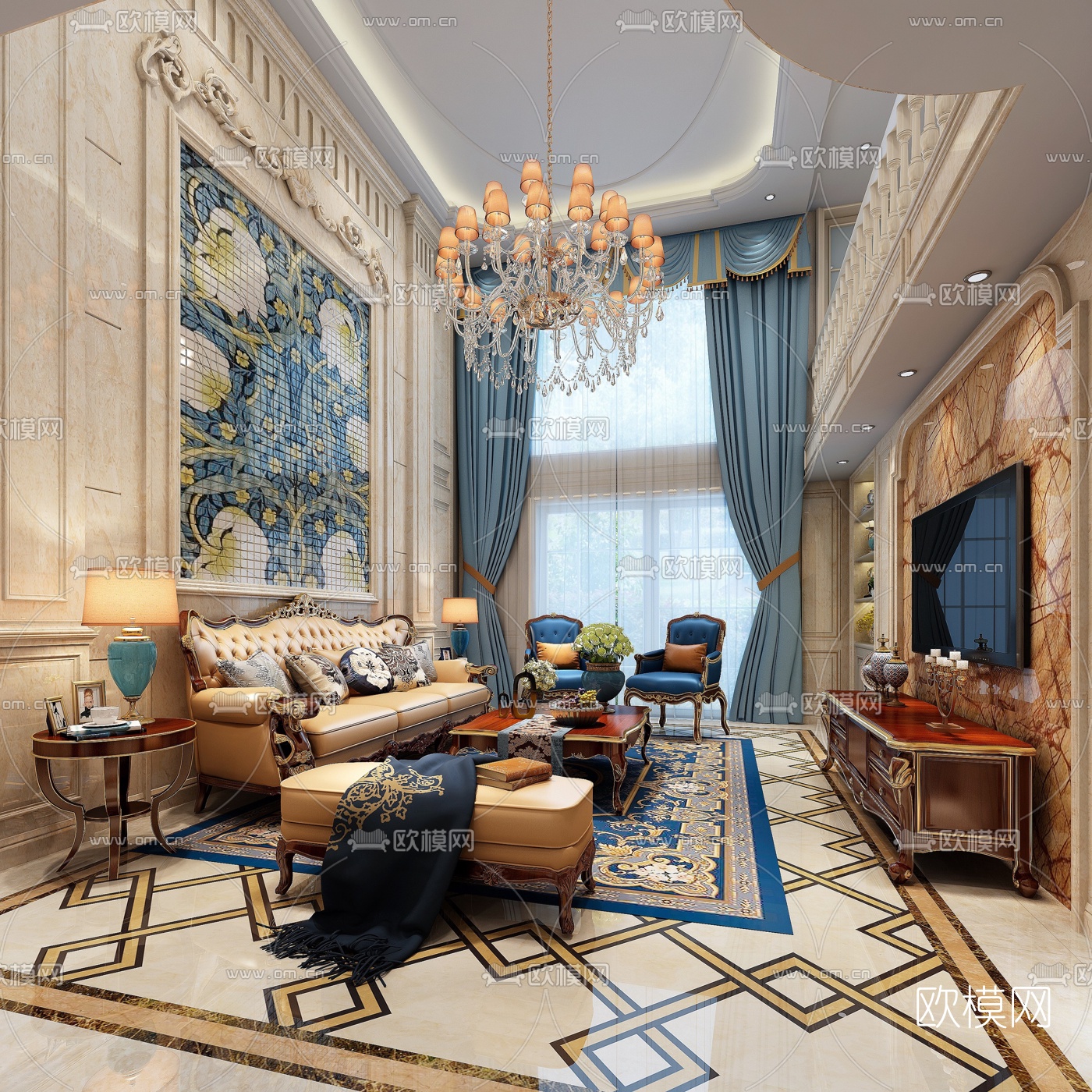 欧式别墅客厅餐厅组合3D模型下载（渲染图1）