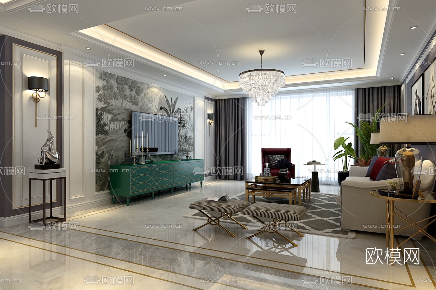 欧式客厅餐厅3d模型下载（渲染图3）