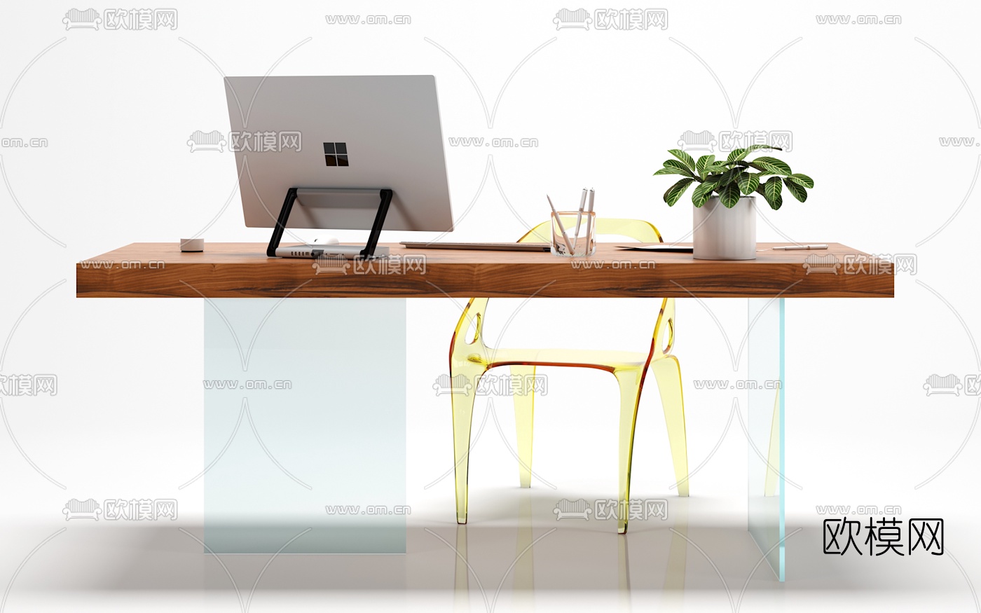 现代实木玻璃办公桌3D模型