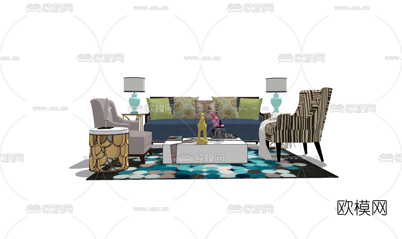 美式沙发组合su模型下载（渲染图3）