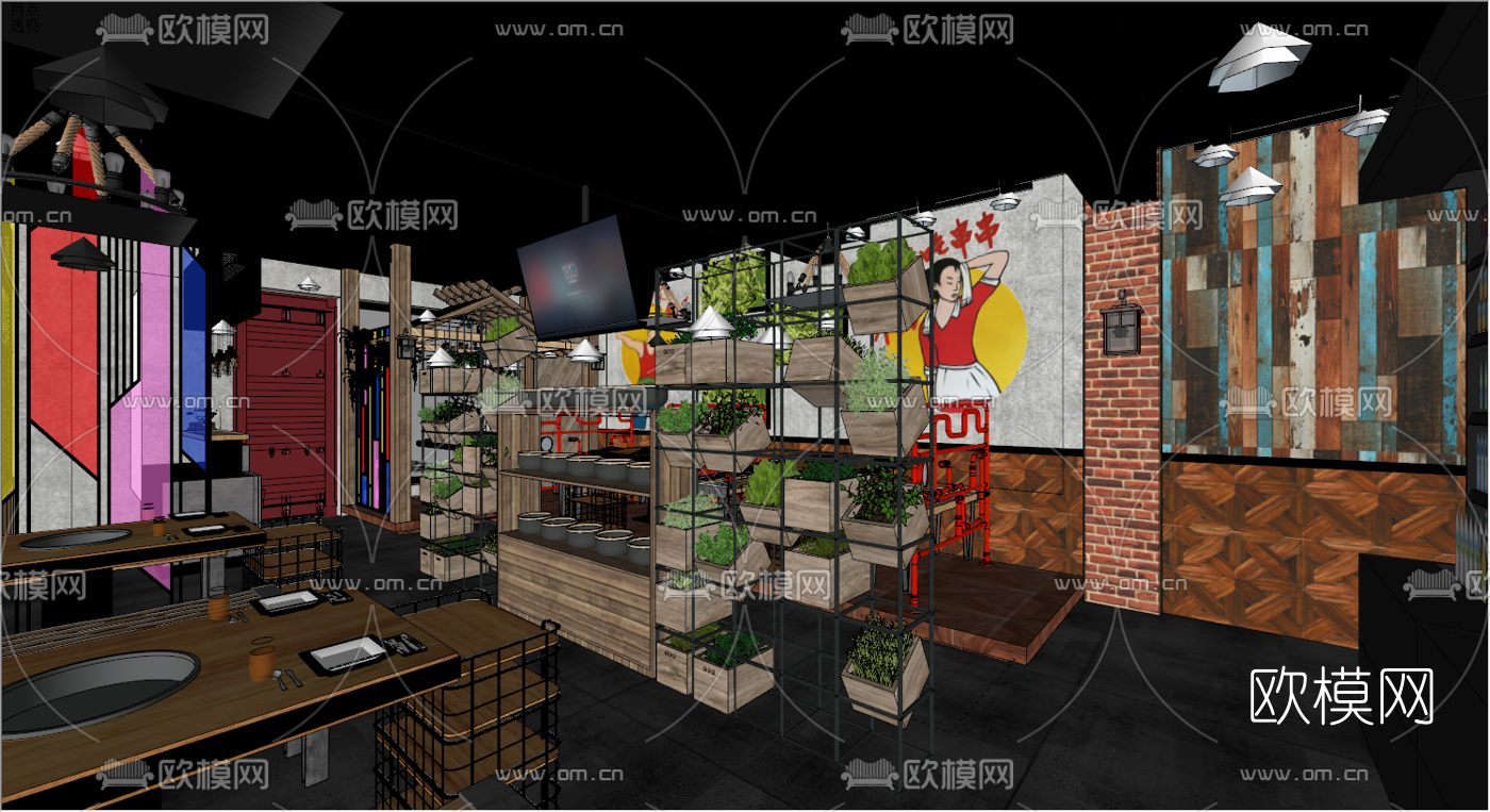 工业风串串火锅店su模型下载（渲染图2）