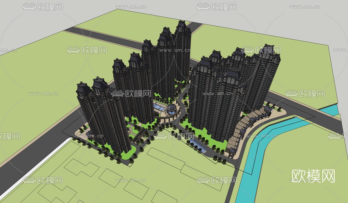 法式小区规划su模型下载（渲染图3）