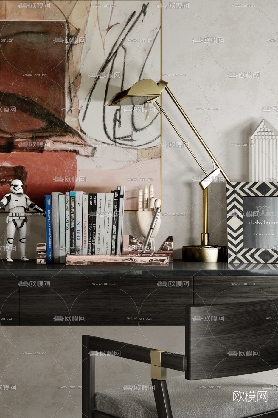 葛亚曦 现代书桌椅摆件组合3D模型下载（渲染图1）