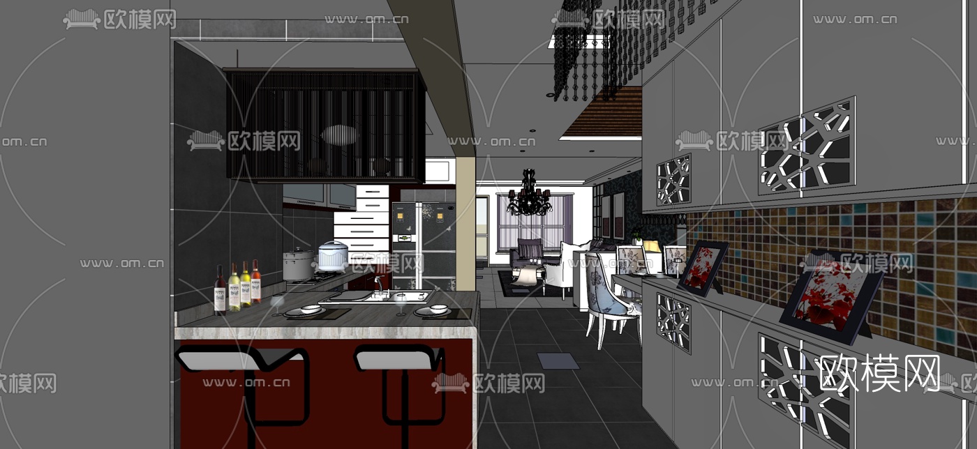 欧式客餐厅su模型下载（渲染图4）