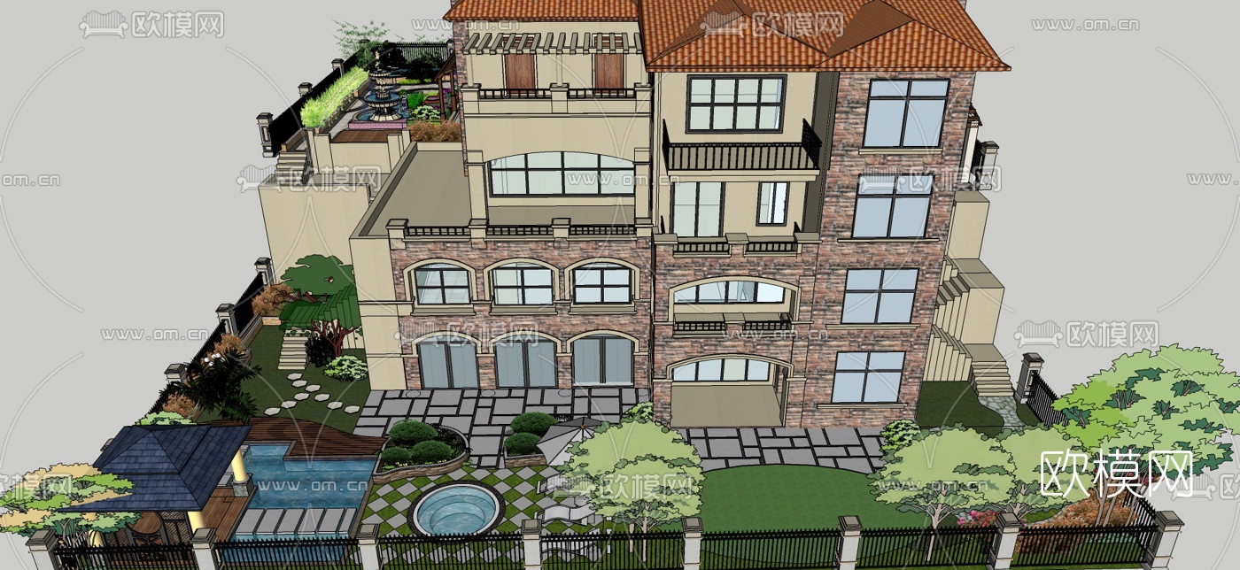 欧式别墅花园su模型下载（渲染图6）