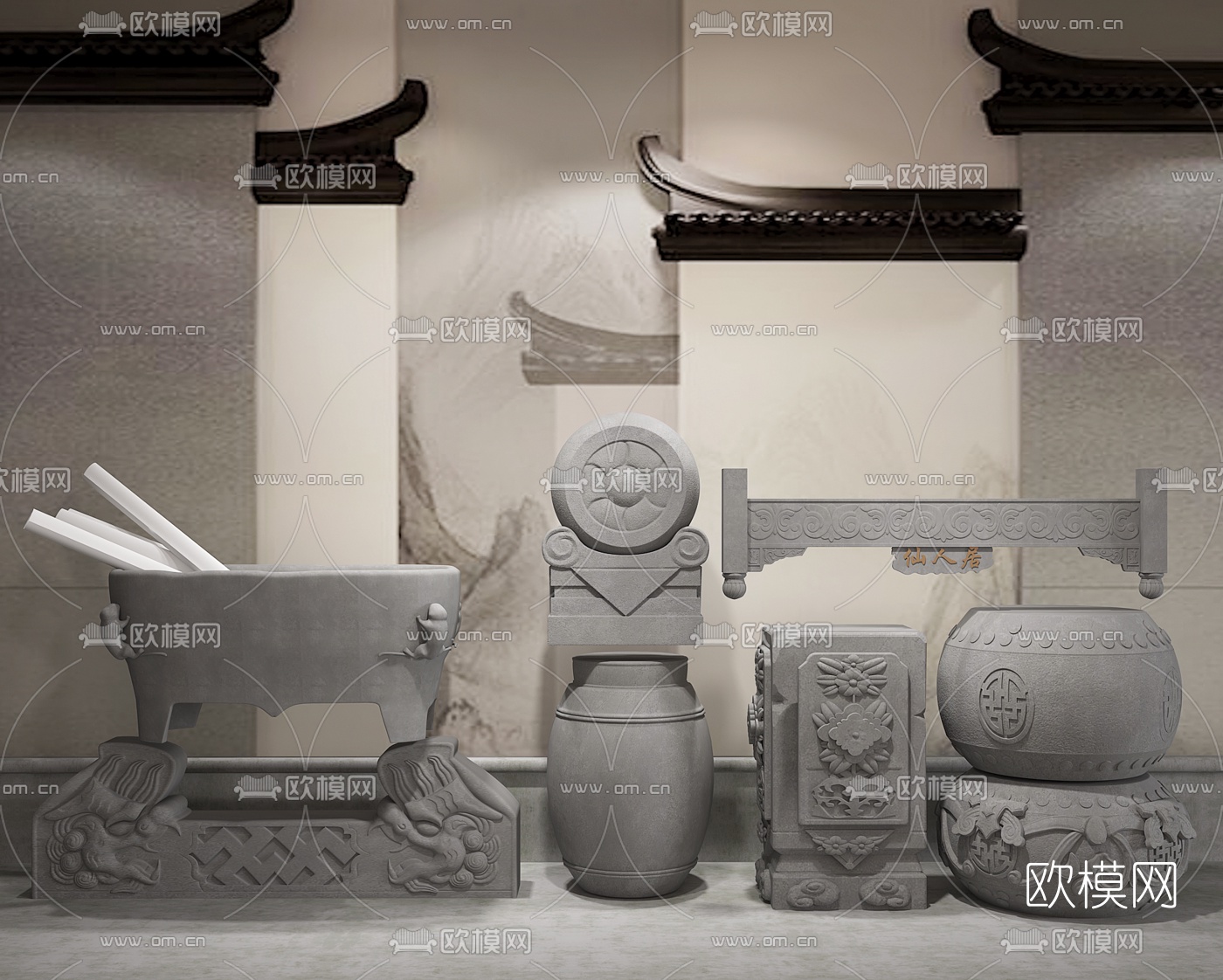 中式抱鼓石柱凳雕塑挂落组合3D模型