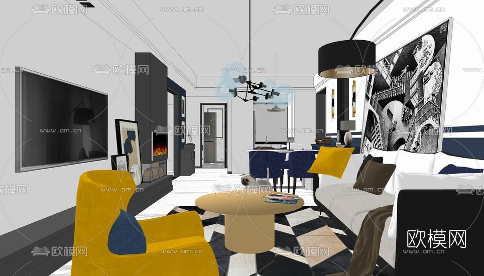 北欧客餐厅su模型下载（渲染图7）