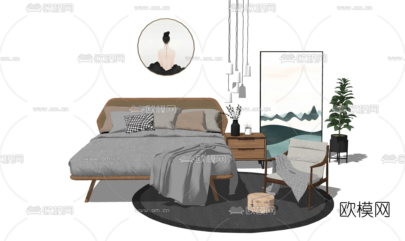 北欧木质双人床su模型下载