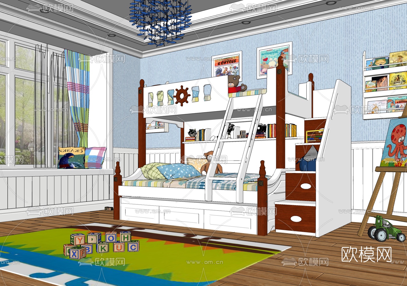 欧式儿童上下床su模型下载（渲染图2）