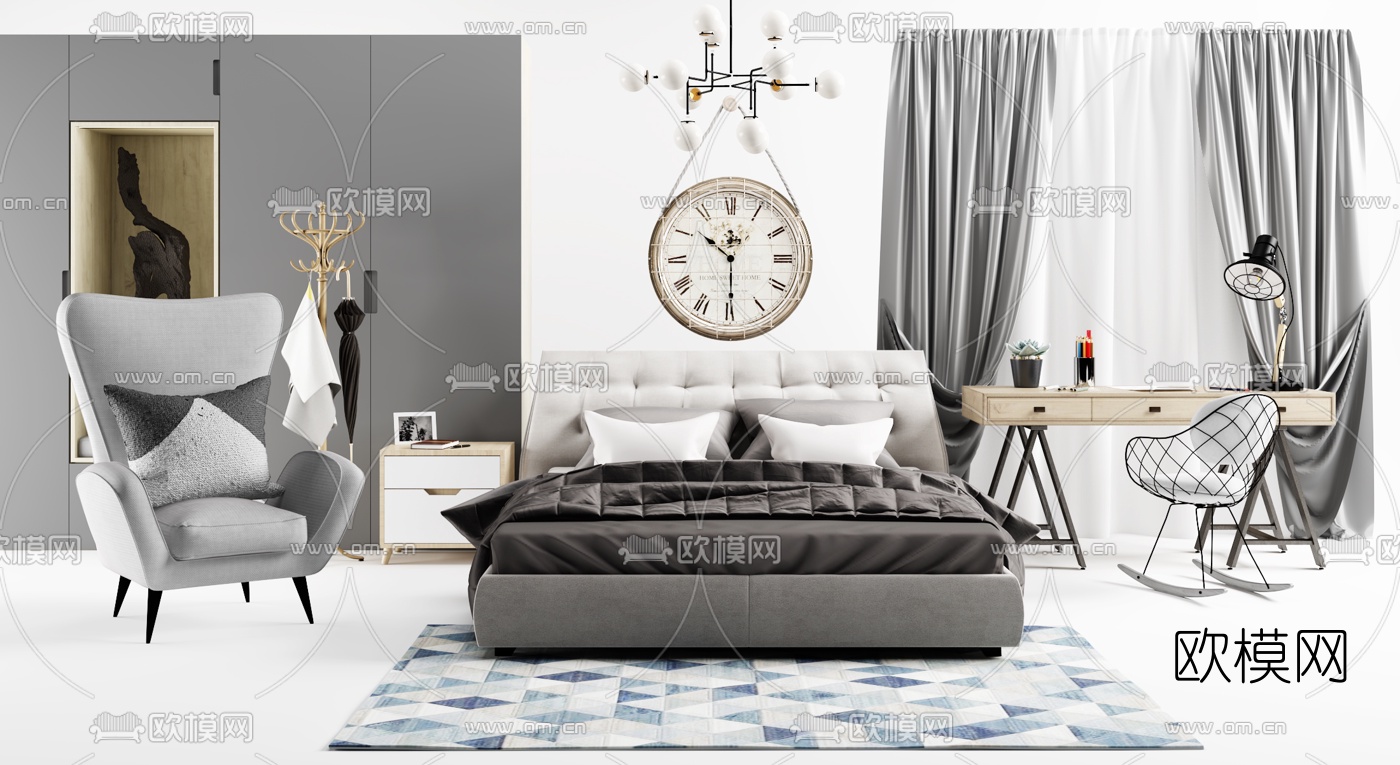 后现代双人床单椅组合3d模型下载