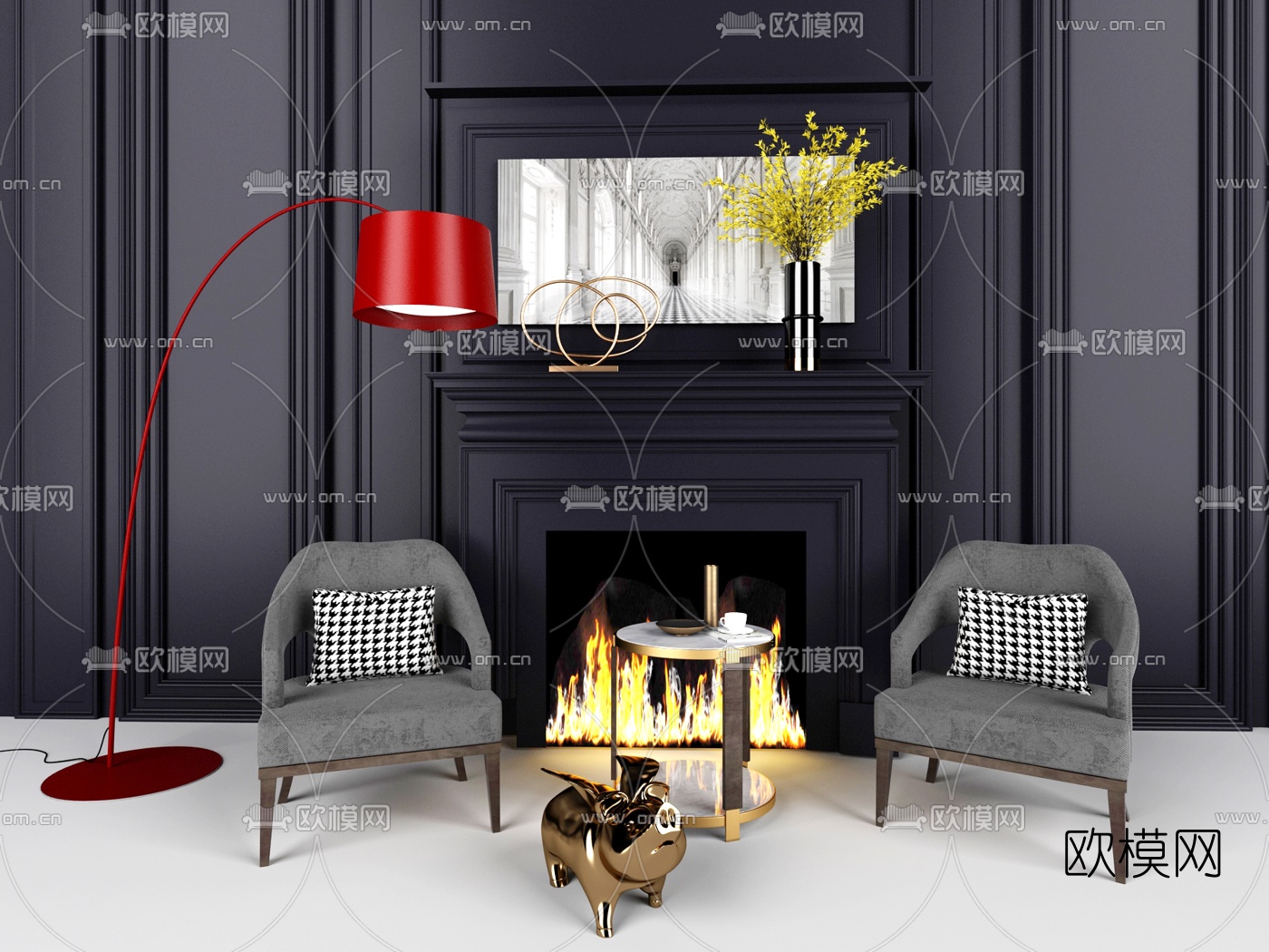美式壁炉单椅圆几3d模型下载