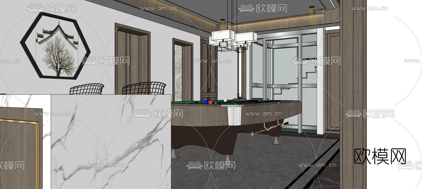 新中式台球室su模型下载（渲染图3）
