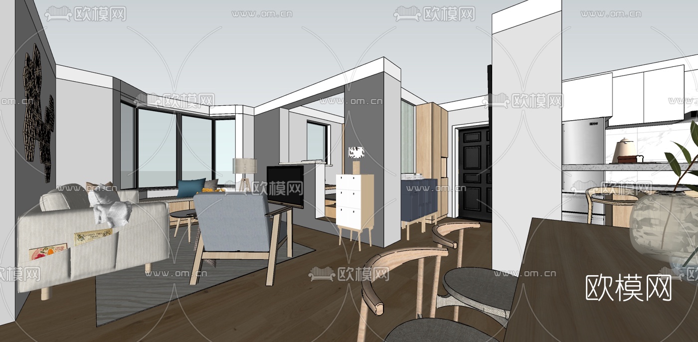 北欧客餐厅su模型下载（渲染图2）