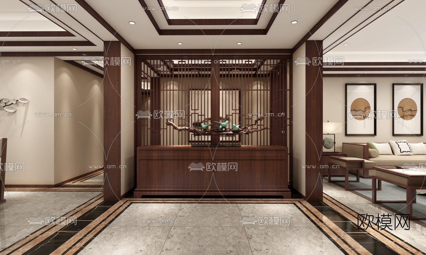 中式客厅餐厅玄关过道组合3D模型下载_ID10185699_3dmax免费模型-欧模网