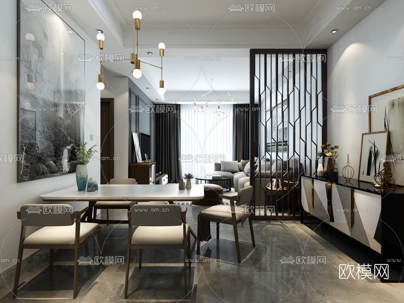 后现代客厅餐厅3d模型
