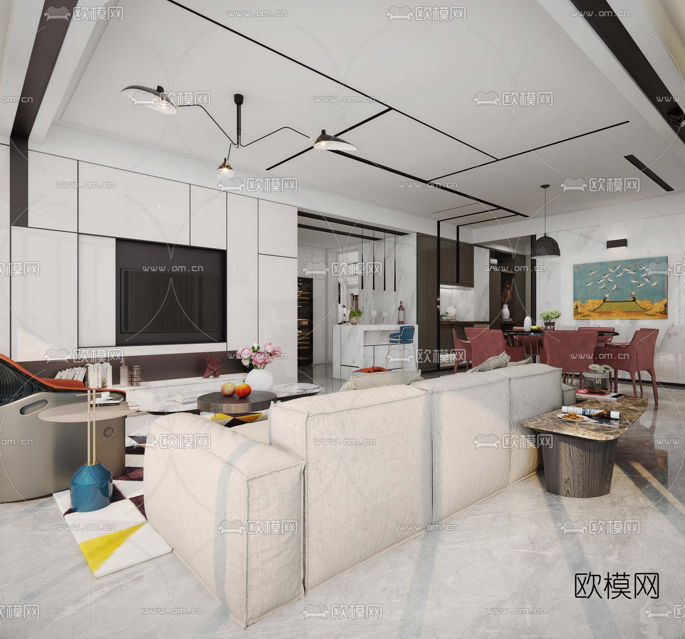 后现代客厅餐厅3D模型