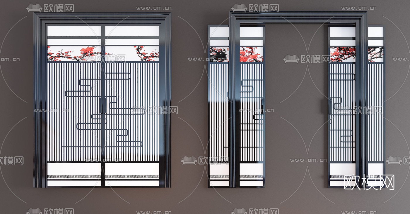 新中式实木玻璃梅花推拉门3d模型