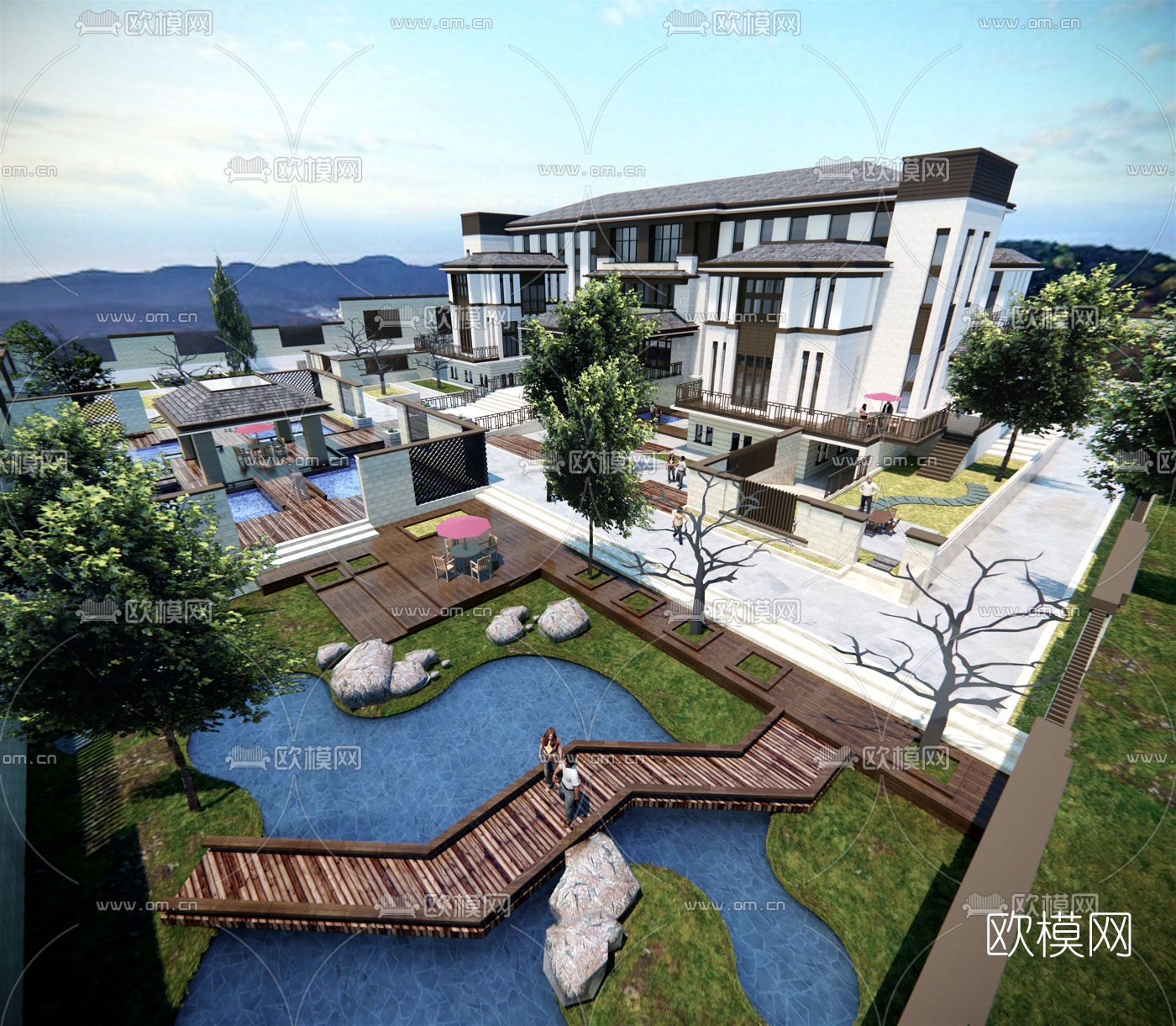 新中式独栋别墅su模型下载（渲染图3）