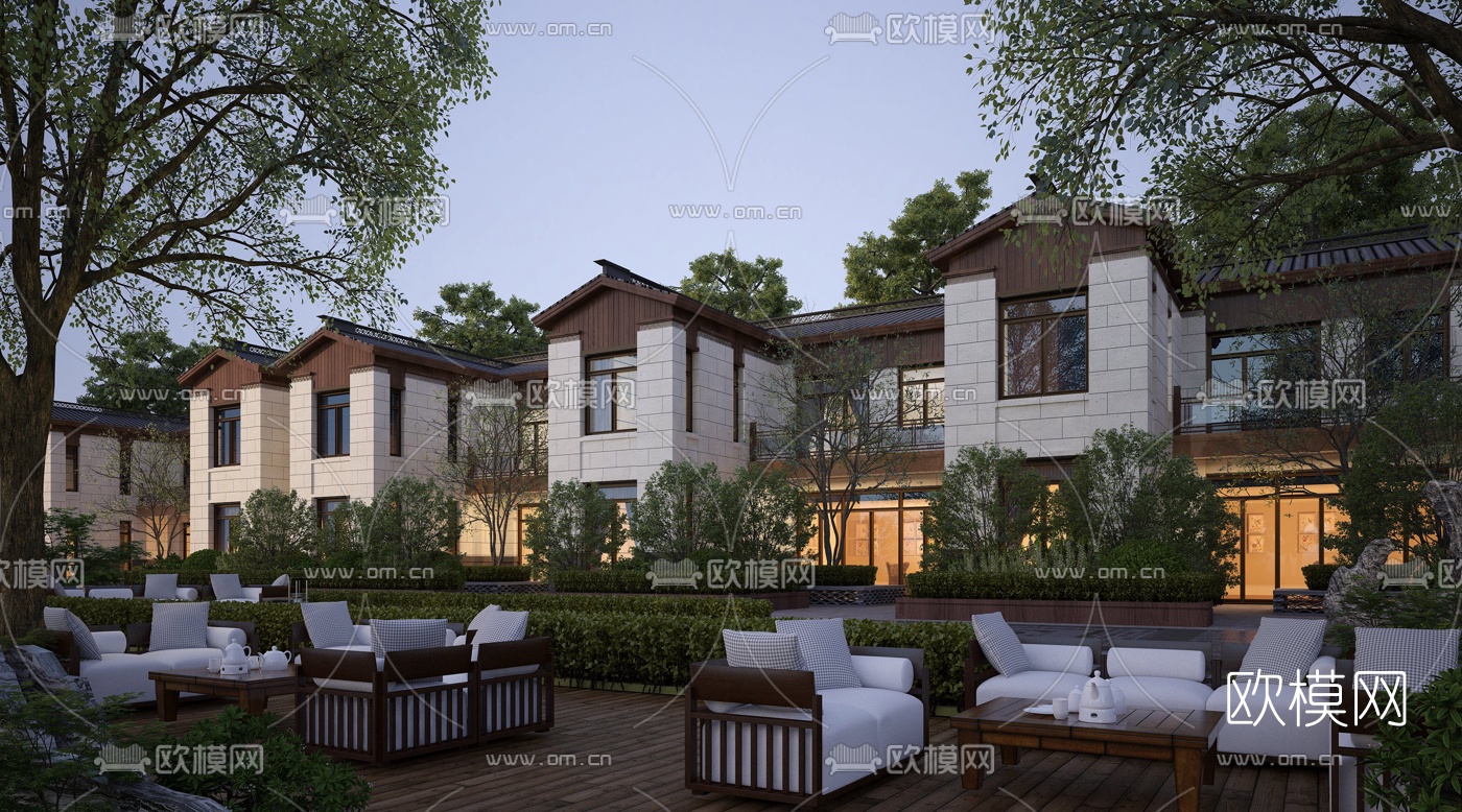 新中式联排别墅外观3d模型下载