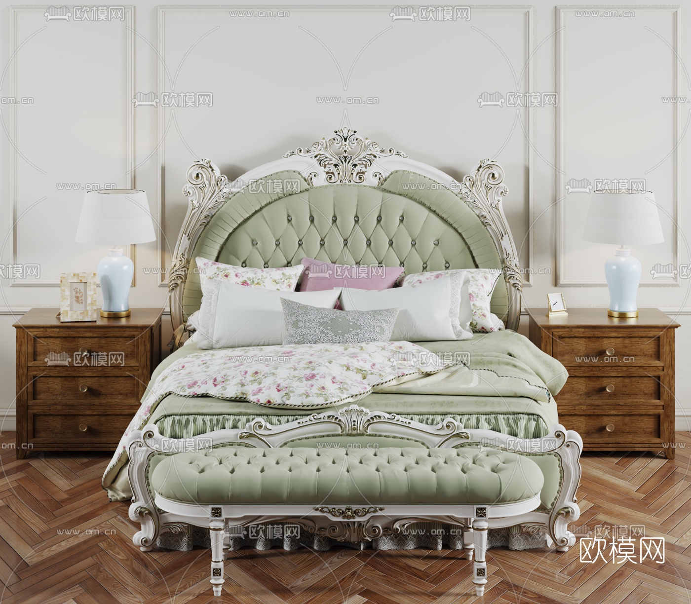 法式双人床床头柜台灯组合3D模型下载