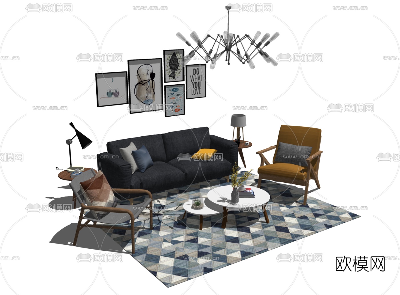 北欧沙发组合su模型下载（渲染图2）