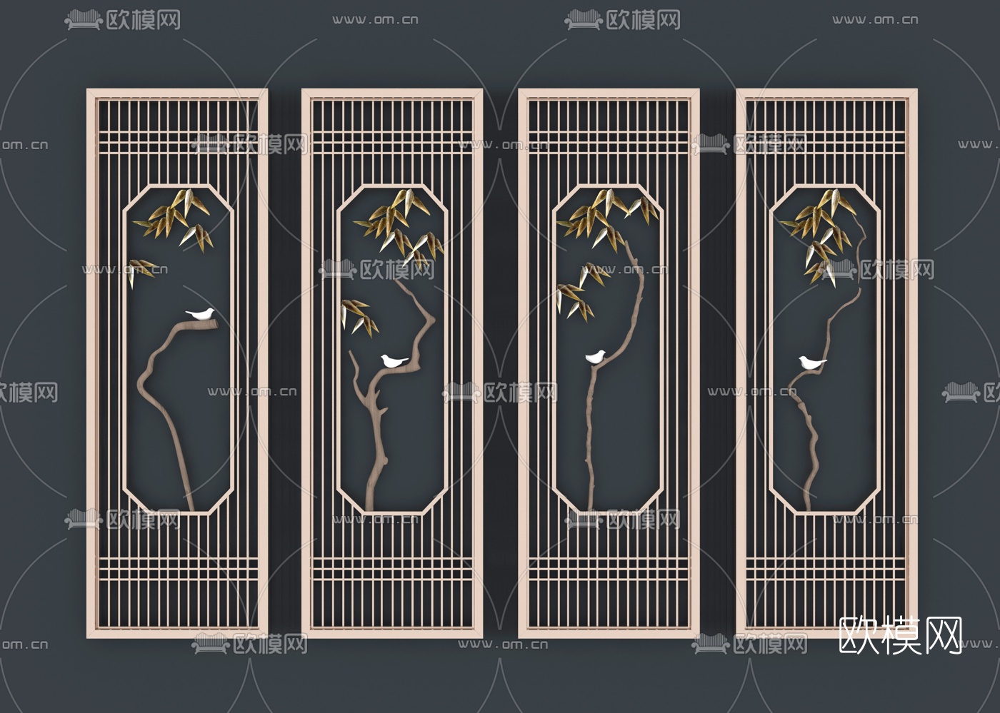 新中式花鸟屏风隔断3d模型下载