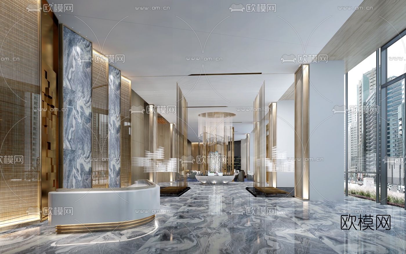 现代轻奢售楼处前台接待区3d模型下载（渲染图1）