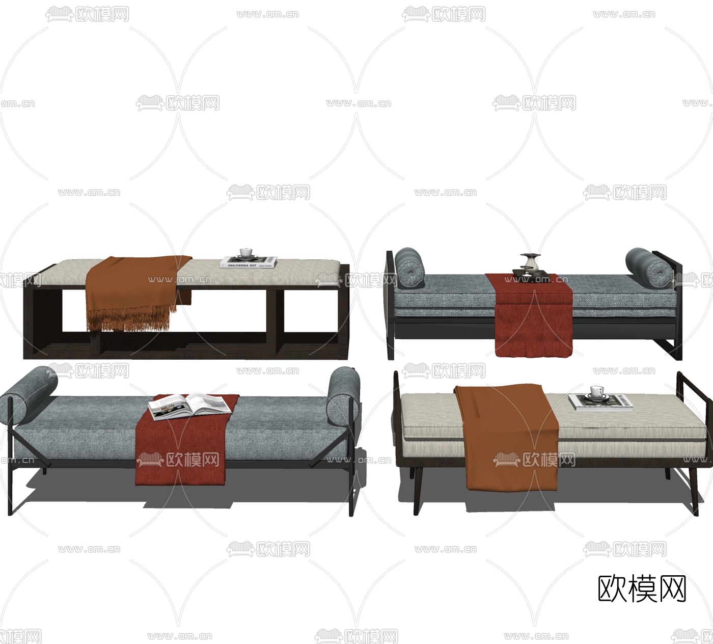 新中式实木布艺床尾凳脚踏su模型下载