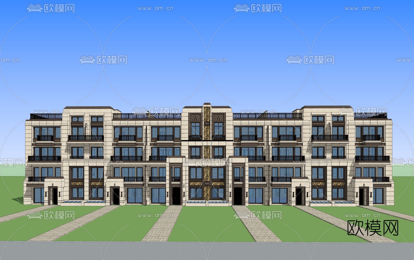 现代住宅楼建筑外观su模型下载（渲染图2）