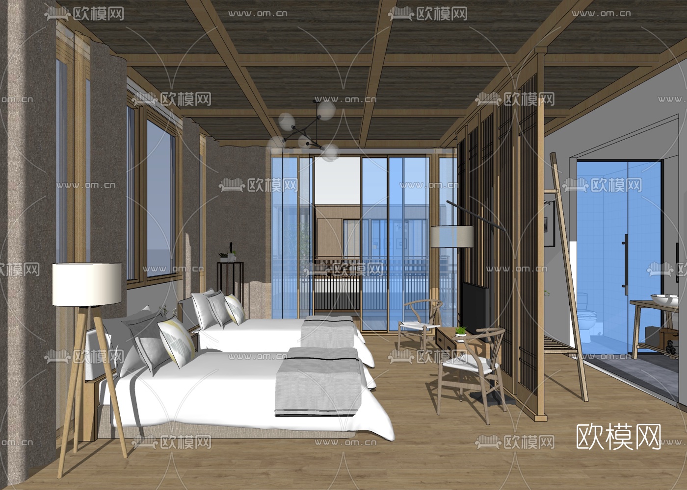 新中式民宿客房双人房su模型下载（渲染图4）