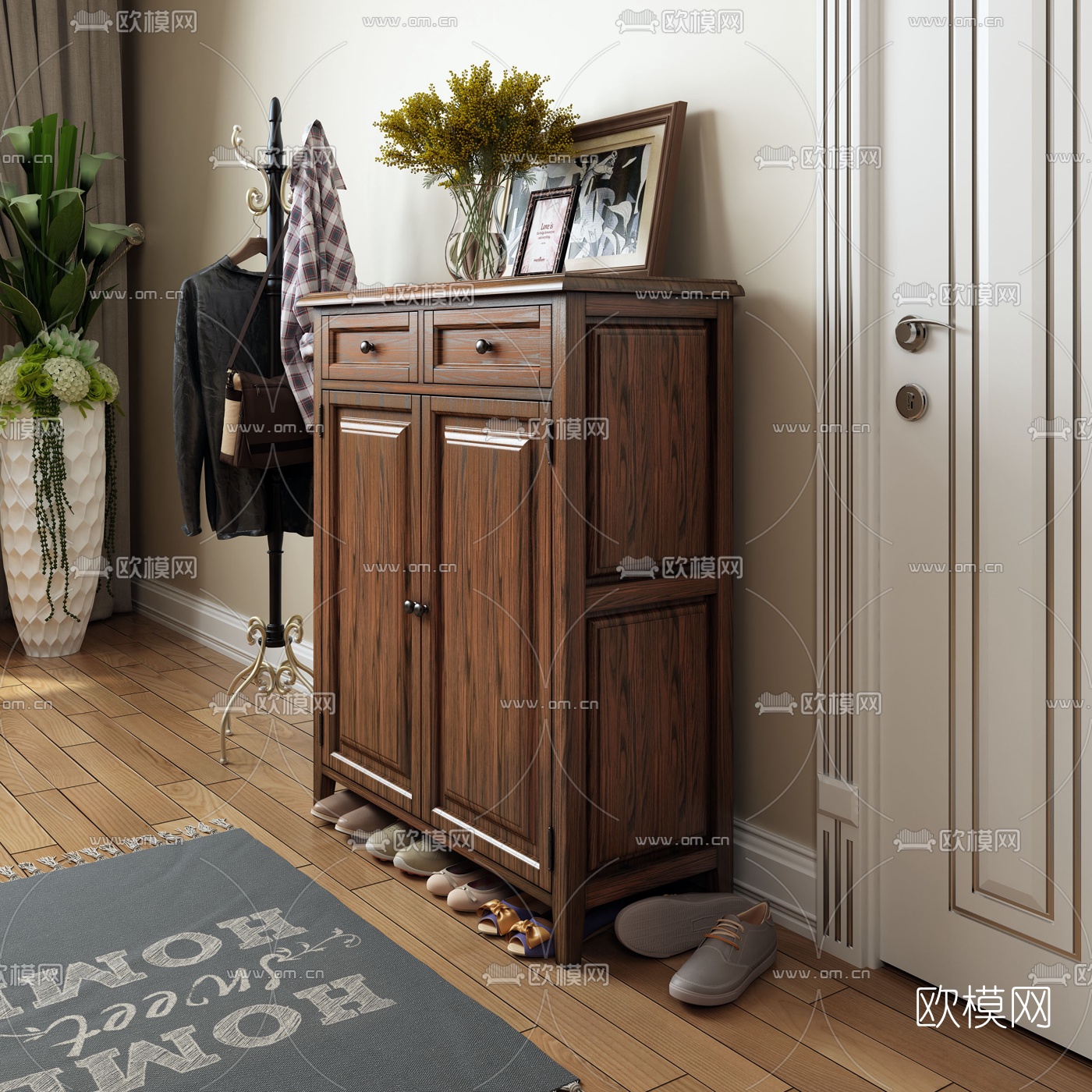 美式实木鞋柜3d模型下载（渲染图3）