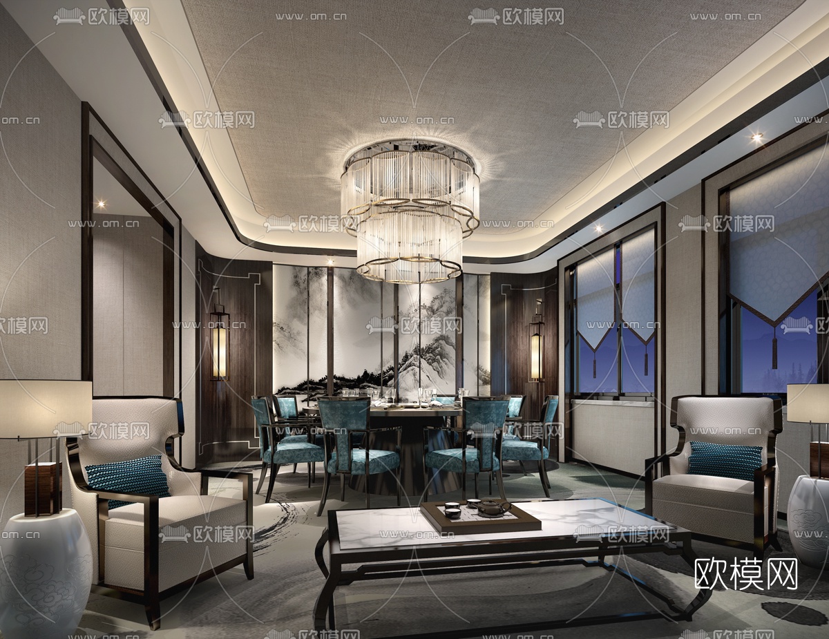 新中式餐厅包房3D模型-免费3dmax模型库-欧模网