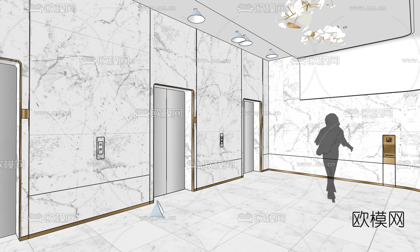 现代写字楼电梯厅su模型下载（渲染图4）