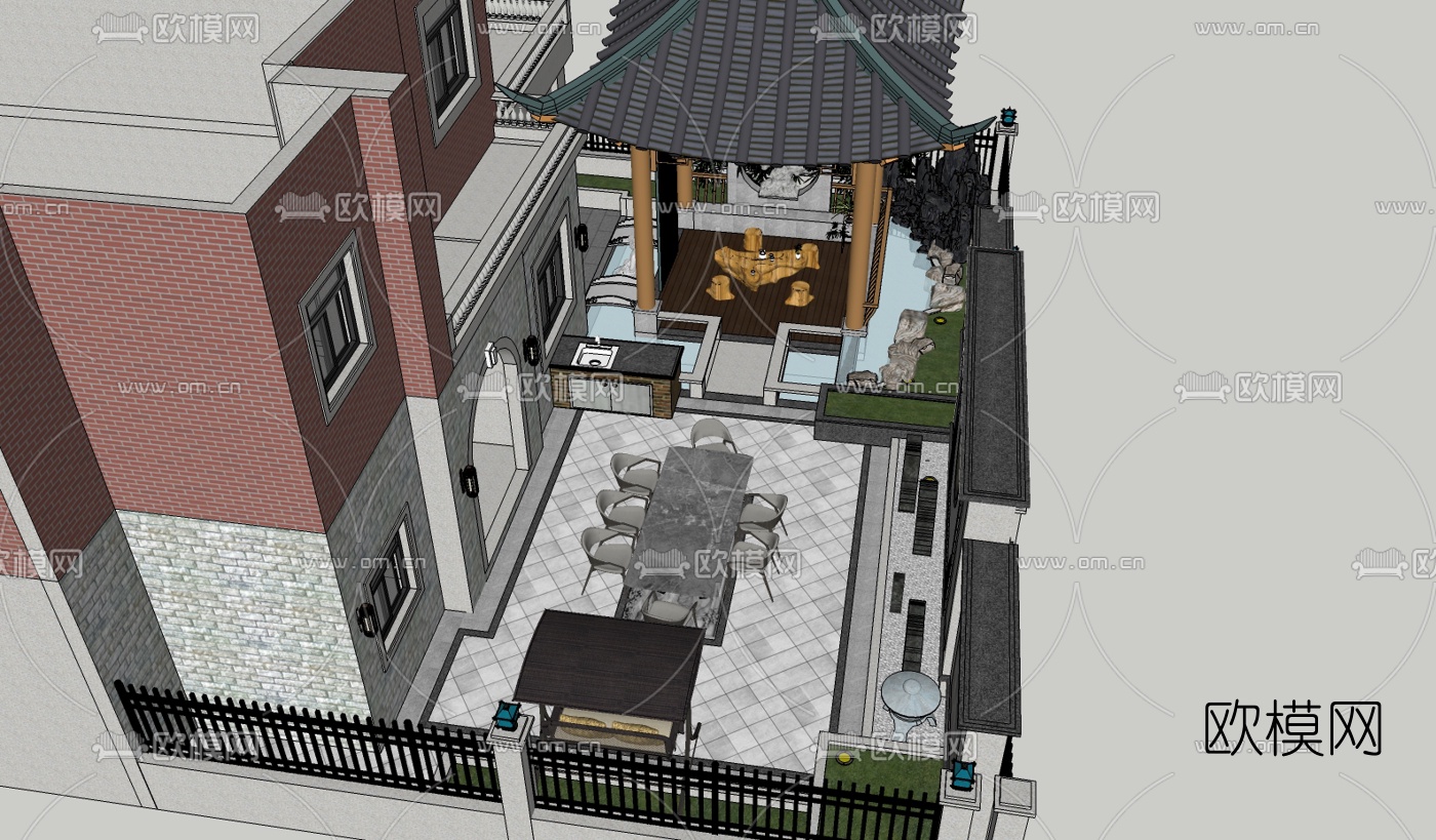 中式别墅庭院花园设计su模型下载（渲染图14）