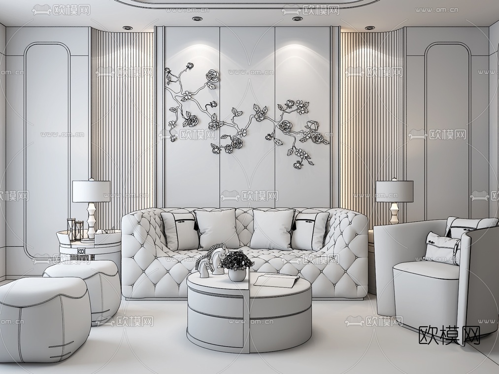 现代沙发茶几背景墙组合3D模型-免费3dmax模型库-欧模网